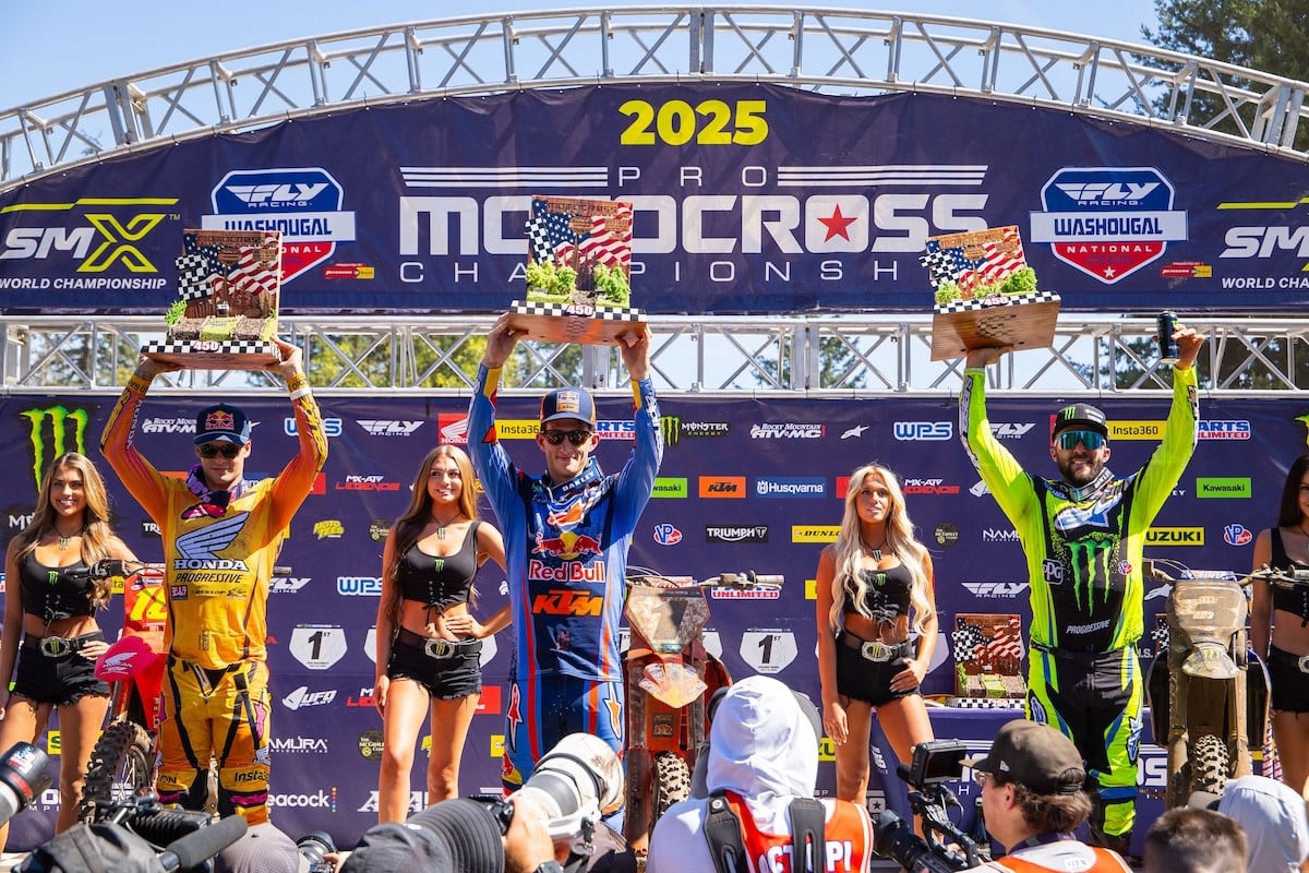 Podium picture with, from left to right, Jett Lawrence, Chase Sexton and Eli Tomac. Photo Credit: MX Sports Pro Racing, Inc.