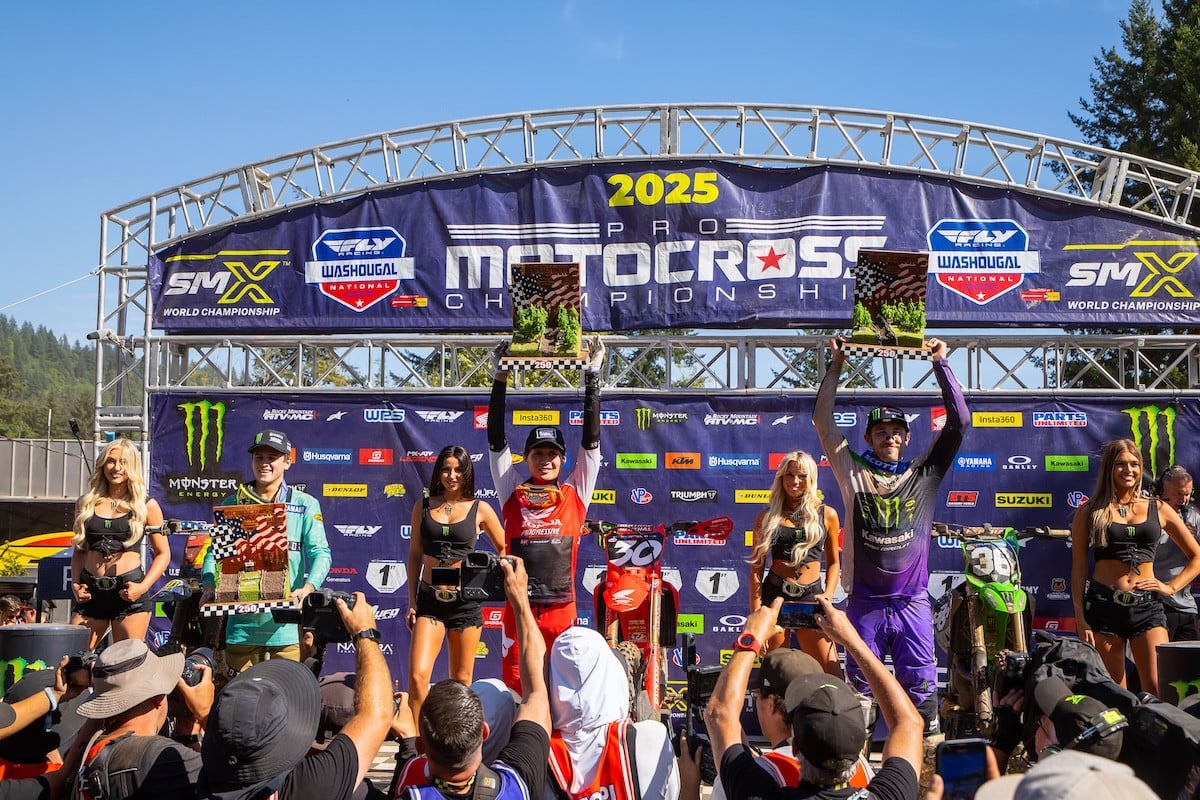 Podium picture with, from left to right, Hayden Deegan, Jo Shimoda and Garret Marchbanks. Photo Credit: MX Sports Pro Racing, Inc.
