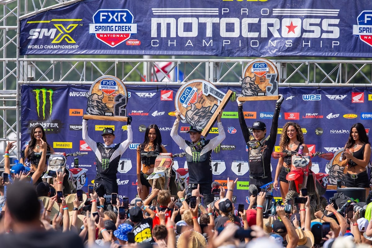 Podium picture with, from left to right, Jeremy Martin, Haiden Deegan and Jo Shimoda. Photo Credit: MX Sports Pro Racing, Inc.