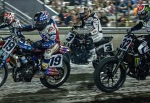 Davis Fisher (67), James Ott (19), Briar Bauman (3) and Dallas Daniels (32) race during the Mission Challenge at the Silver Dollar Short Track. Photo by Tim Lester / courtesy American Flat Track.