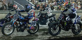 Davis Fisher (67), James Ott (19), Briar Bauman (3) and Dallas Daniels (32) race during the Mission Challenge at the Silver Dollar Short Track. Photo by Tim Lester / courtesy American Flat Track.