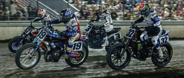 Davis Fisher (67), James Ott (19), Briar Bauman (3) and Dallas Daniels (32) race during the Mission Challenge at the Silver Dollar Short Track. Photo by Tim Lester / courtesy American Flat Track.