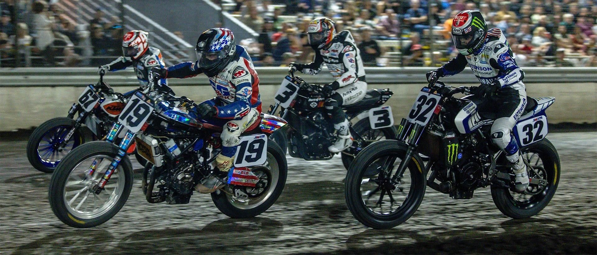 Davis Fisher (67), James Ott (19), Briar Bauman (3) and Dallas Daniels (32) race during the Mission Challenge at the Silver Dollar Short Track. Photo by Tim Lester / courtesy American Flat Track.