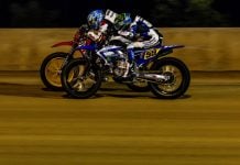 Tom Drane (59) and Chase Saathoff (88) race during the AFT Singles presented by KICKER Main Event at the DuQuoin Mile July 5th. Photo by Tim Lester / courtesy American Flat Track.