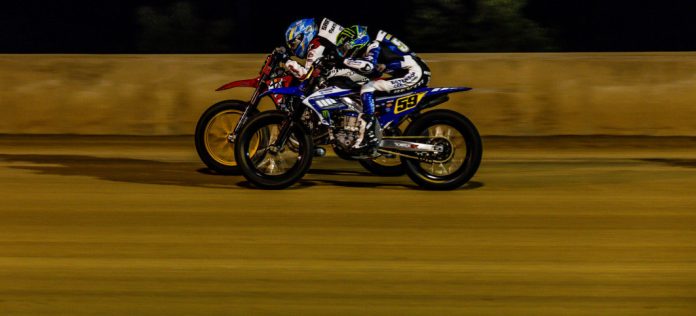 Tom Drane (59) and Chase Saathoff (88) race during the AFT Singles presented by KICKER Main Event at the DuQuoin Mile July 5th. Photo by Tim Lester / courtesy American Flat Track.