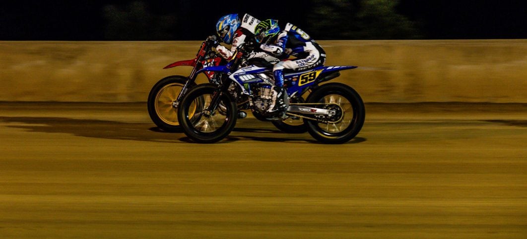 Tom Drane (59) and Chase Saathoff (88) race during the AFT Singles presented by KICKER Main Event at the DuQuoin Mile July 5th. Photo by Tim Lester / courtesy American Flat Track.