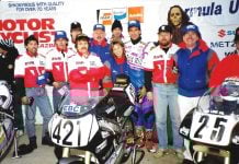 1993 Formula USA Feature race podium on Halloween at Road Atlanta, GA, with the Barely Human entered Yamaha effort of Fast Company and associates (Left to Right): and Fred Burchill, Trevor Weiles (eventual factory Honda USA race Tech), Peter Newfeld, builder Scott Miller (Class of 2025), Fred Kling, Tina Kling, Rob Stoeser, rider (the late) Fritz Kling, bike owner Doc Mark Brubacher, EBC Brakes Rep Gary Gallagher. (Chuck Graves in hat with Suzuki to left and the late Mike Velasco on Sadowski Honda to right). Photo by Colin Fraser.