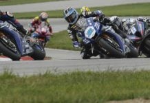 Bobby Fong (50) battling with Jake Gagne (32) and Cameron Beaubier (6) during the Superbike race 2 at Mid-Ohio. Photo courtesy Attack Yamaha