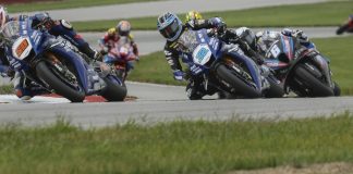 Bobby Fong (50) battling with Jake Gagne (32) and Cameron Beaubier (6) during the Superbike race 2 at Mid-Ohio. Photo courtesy Attack Yamaha
