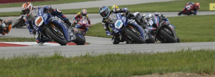 Bobby Fong (50) battling with Jake Gagne (32) and Cameron Beaubier (6) during the Superbike race 2 at Mid-Ohio. Photo courtesy Attack Yamaha