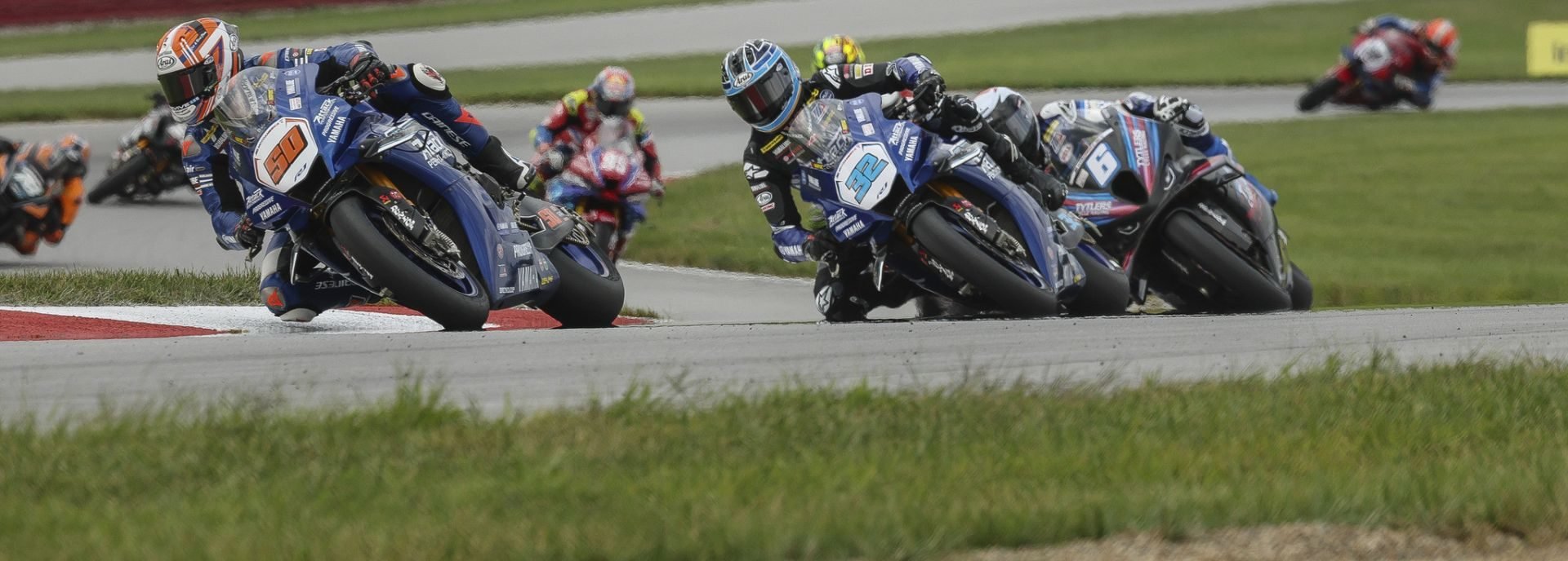 Bobby Fong (50) battling with Jake Gagne (32) and Cameron Beaubier (6) during the Superbike race 2 at Mid-Ohio. Photo courtesy Attack Yamaha