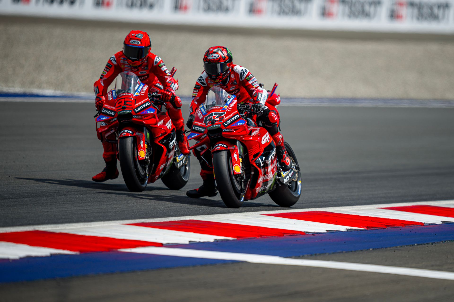 Marc Marquez (93) and Francesco Bagnaia (73) during the MotoGP Race in Austria. Photo courtesy Ducati Lenovo Team.