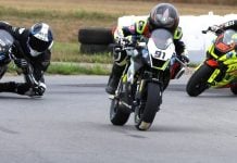 Lap one, race one, turn one for the Motul MiniGP Canadian National opener at Lombardy, with the Ohvale 160s of No. 91, Ethan Reardon; No. 68, Jager Stockill and No. 15, Stfan Tanasic – these three would control the podium spots.