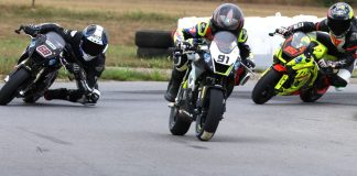 Lap one, race one, turn one for the Motul MiniGP Canadian National opener at Lombardy, with the Ohvale 160s of No. 91, Ethan Reardon; No. 68, Jager Stockill and No. 15, Stfan Tanasic – these three would control the podium spots.