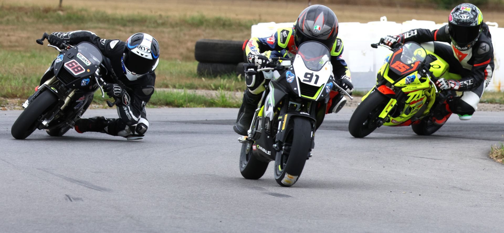 Lap one, race one, turn one for the Motul MiniGP Canadian National opener at Lombardy, with the Ohvale 160s of No. 91, Ethan Reardon; No. 68, Jager Stockill and No. 15, Stfan Tanasic – these three would control the podium spots.