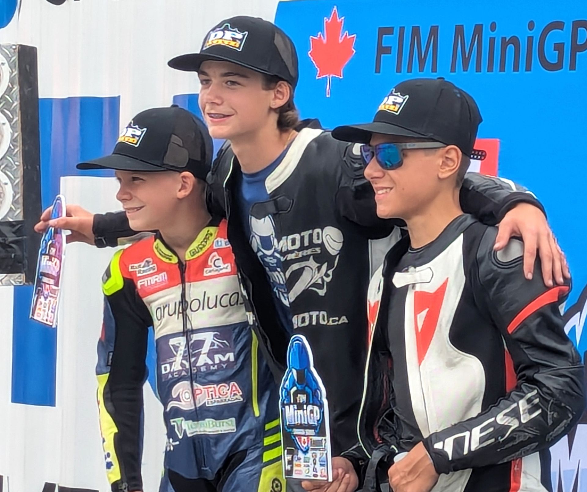 Final race three podium for the Canadian National MiniGP National, round one, at Lombardy: (Left to Right) Ethan Reardon, Jager Stockill and Stfan Tanasic. Two of these three are likely to represent Canada this fall at the Spanish FIM World finals.