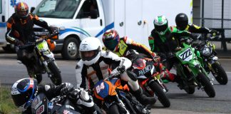 Lap one, turn one of the Moto4 Feature MiniSBK event with the No. 68 613 Cycle Ohvale 160 of eventual winner Jager Stockill leading No. 84 YCF190 of Ben Hodgson, No. 213 Bucci 190 of Jan Massignani, No. 222 Kawasaki KX112 two-stroke of Chelsea Baursier, No. 88 YCF190 of Jacob Abnett, No. 21 Bucci 190 Yan Boursier by CF April 2. Photo courtesy CSBK.