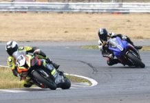 Early in the Lou-Ann Printing Pro Superbike Feature at Shannonville Motorsport Park’s RACEMoto Regional, the Dunlop-shod Royal Distributing BMW of Michael Leon holds first from the Milwaukee Yamaha of 2024 overall Cham Elie Daccache. Photo courtesy CSBK.