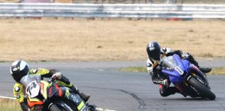 Early in the Lou-Ann Printing Pro Superbike Feature at Shannonville Motorsport Park’s RACEMoto Regional, the Dunlop-shod Royal Distributing BMW of Michael Leon holds first from the Milwaukee Yamaha of 2024 overall Cham Elie Daccache. Photo courtesy CSBK.