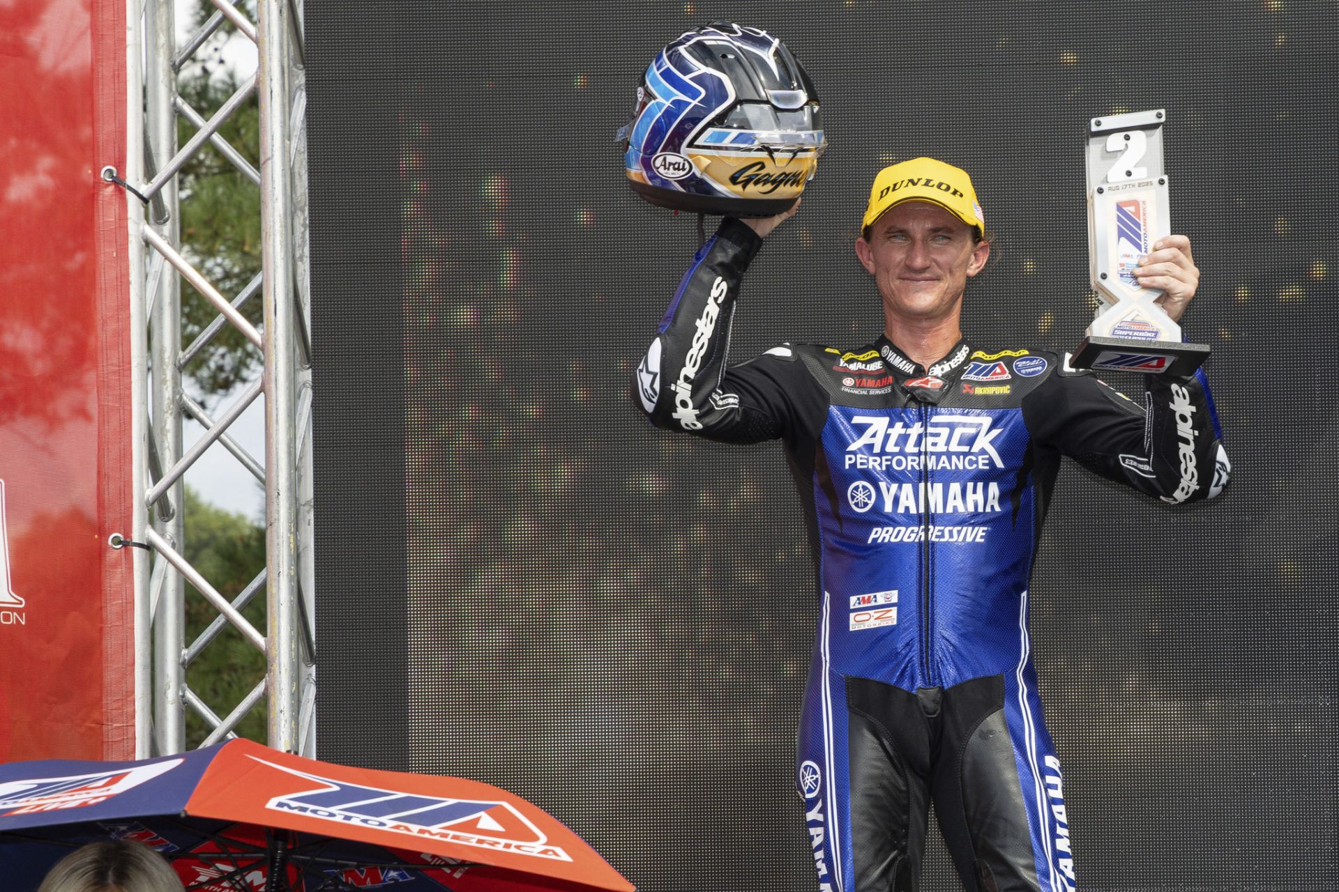Jake Gagne on the podium at Mid-Ohio after his P2 in Superbike Race2. Photo courtesy Attack Yamaha.