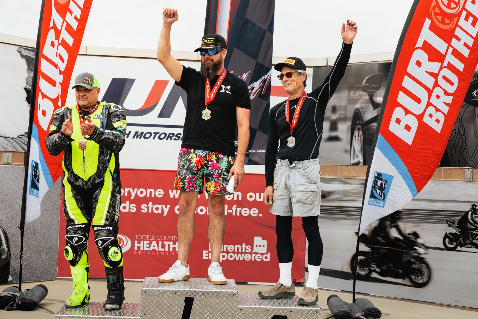IRONMAN Endurance podium (left to right) Robert Jojolan 3rd, Richard Findlay 1st, Kevin Dolan 2nd. Photo by Richard Jellerson