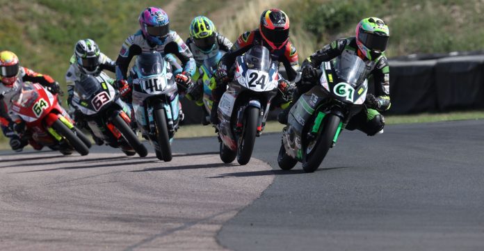 Harrison Mackay (61), Ryan Frost (24), American Julian Correa (40), Jack Dunabie (63) and Clayton Edmunds (64) battling for third place during race 1. Photo courtesy British Talent Cup.