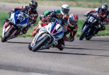 Matthew Cunha #95, Justen Behmer #4, Brad Hendry #1, David Lambert #28 attack turn 1 on the first lap of Race of the Rockies. Photo by: Kelly Vernell