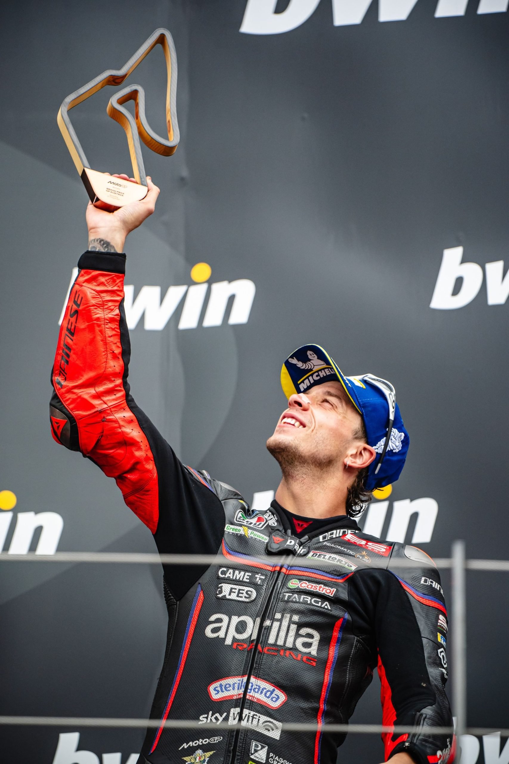 Marco Bezzecchi on the podium in Austria. Photo courtesy Aprilia Racing.