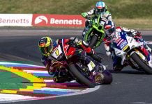 Kyle Ryde (1), Danny Kent (52) and Max Cook (30) battling during Race 1 at Thruxton. Photo courtesy BSB.