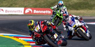 Kyle Ryde (1), Danny Kent (52) and Max Cook (30) battling during Race 1 at Thruxton. Photo courtesy BSB.