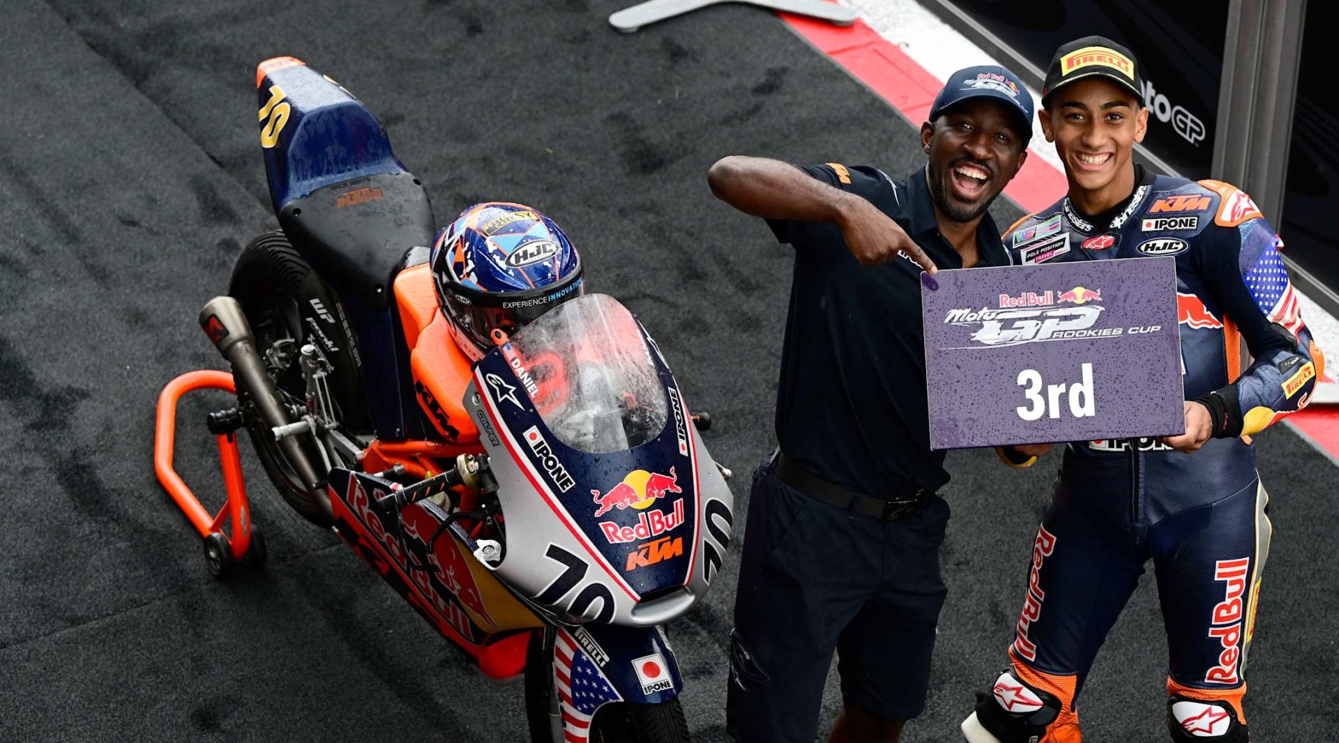 Christian Daniel is happy about his 3rd place in Spielberg 2025 - Race 1. Photo by Gold & Goose ? courtesy Red Bull Rookies Cup