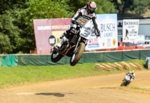 Briar Bauman (3) hits the jump ahead of the rest of the Mission AFT SuperTwins class at the Peoria Motorcycle Club during the Peoria TT Saturday. Photo by Tim Lester / courtesy American Flat Track