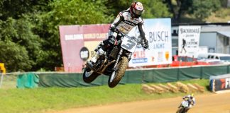 Briar Bauman (3) hits the jump ahead of the rest of the Mission AFT SuperTwins class at the Peoria Motorcycle Club during the Peoria TT Saturday. Photo by Tim Lester / courtesy American Flat Track
