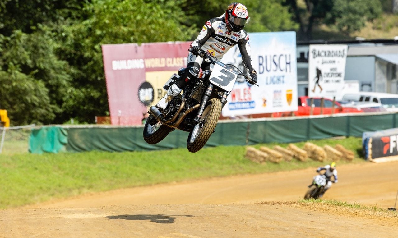 Briar Bauman (3) hits the jump ahead of the rest of the Mission AFT SuperTwins class at the Peoria Motorcycle Club during the Peoria TT Saturday. Photo by Tim Lester / courtesy American Flat Track