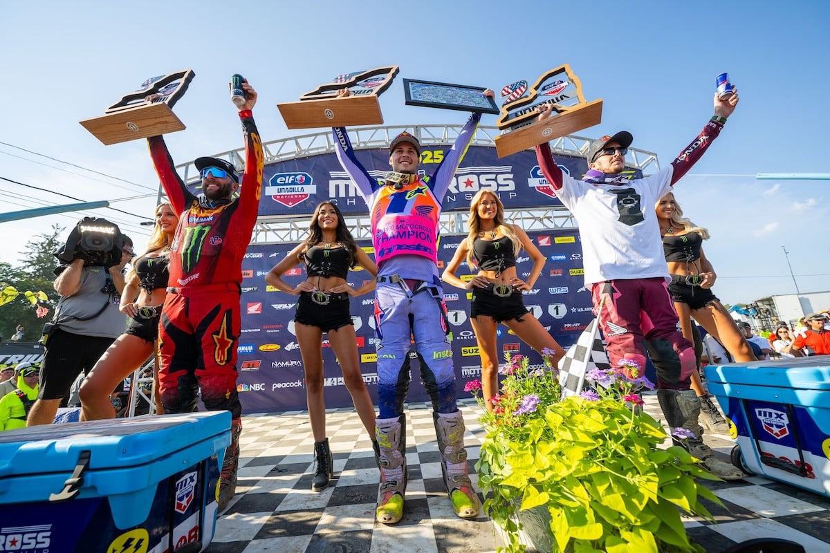 Podium picture with, from left to right, Hunter Lawrence, Jett Lawrence and Eli Tomac. Photo Credit: MX Sports Pro Racing, Inc.