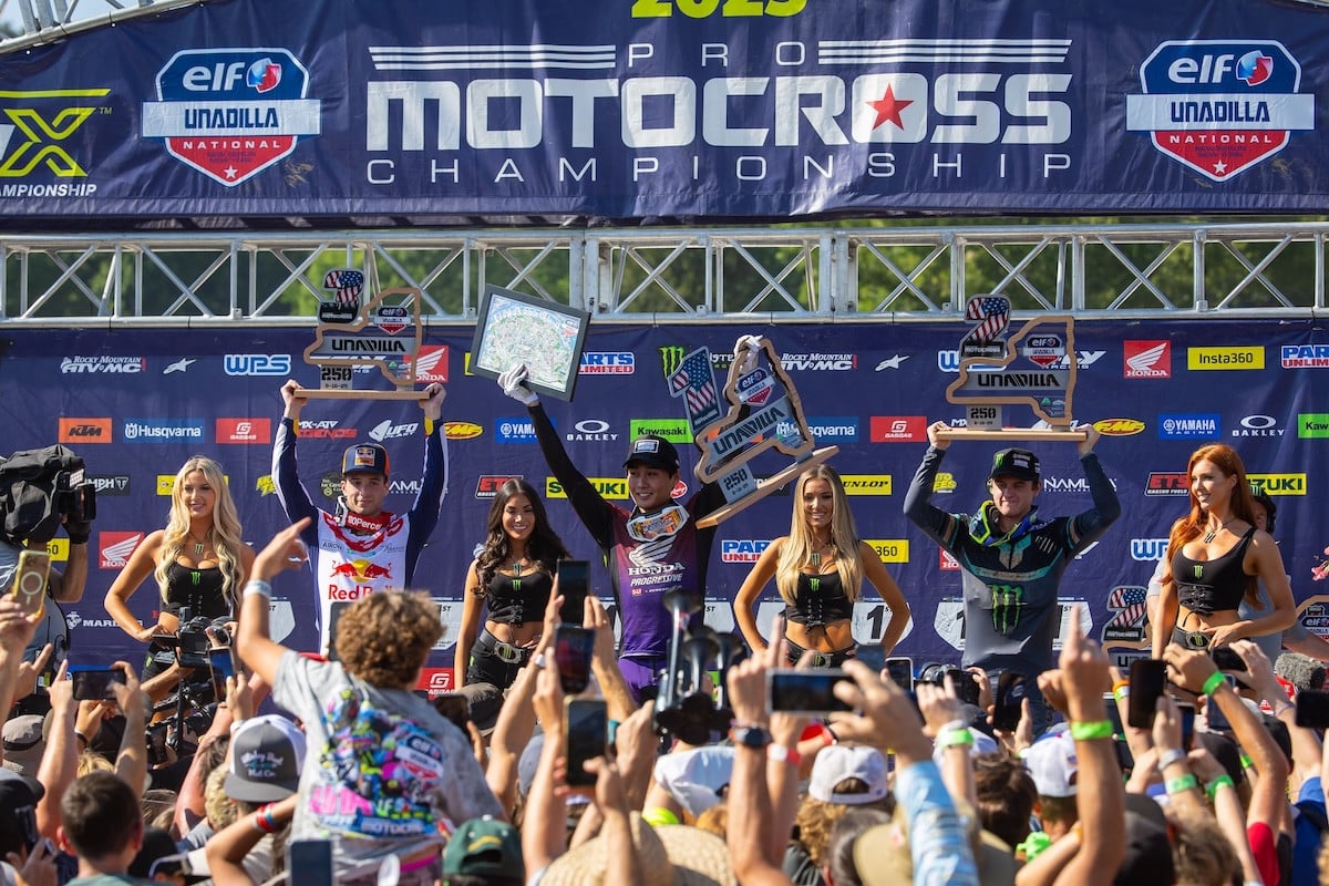 Podium picture with, from left to right, Haiden Deegan, Jo Shimoda and Tom Vialle. Photo Credit: MX Sports Pro Racing, Inc.
