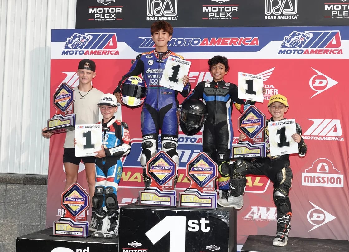 The 2025 Mission MotoAmerica Mini Cup Champions show off their No. 1 plates. (From left to right) Bodie Paige, Cruise Texter, Kensei Matsudaira, Zaal Farhand, and Chase Jazikoff. Photo by Larry Lawrence
