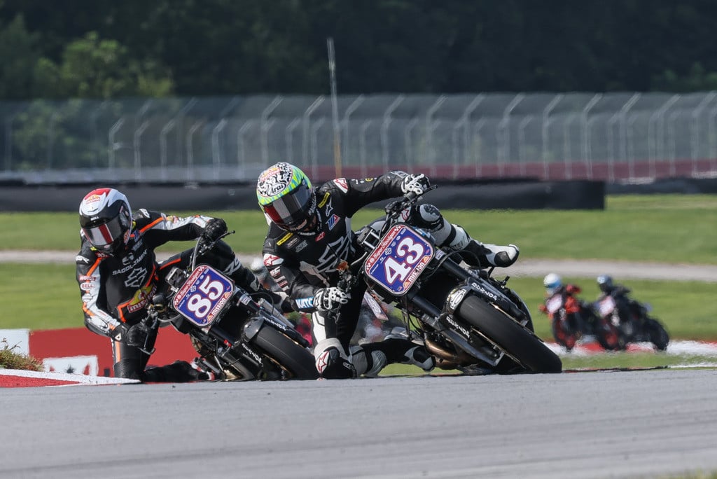James Rispoli (43) battling with Jake Lewis (85) at Mid-Ohio. Photo courtesy Harley-Davidson.