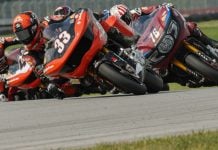 Kyle Wyman (33) battling with Loris Baz (76) and James Rispoli (43) at Mid-Ohio. Photo courtesy Harley-Davidson.