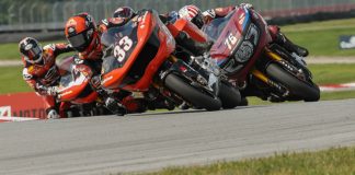 Kyle Wyman (33) battling with Loris Baz (76) and James Rispoli (43) at Mid-Ohio. Photo courtesy Harley-Davidson.