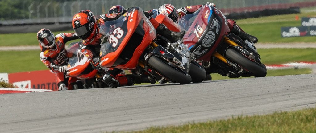 Kyle Wyman (33) battling with Loris Baz (76) and James Rispoli (43) at Mid-Ohio. Photo courtesy Harley-Davidson.