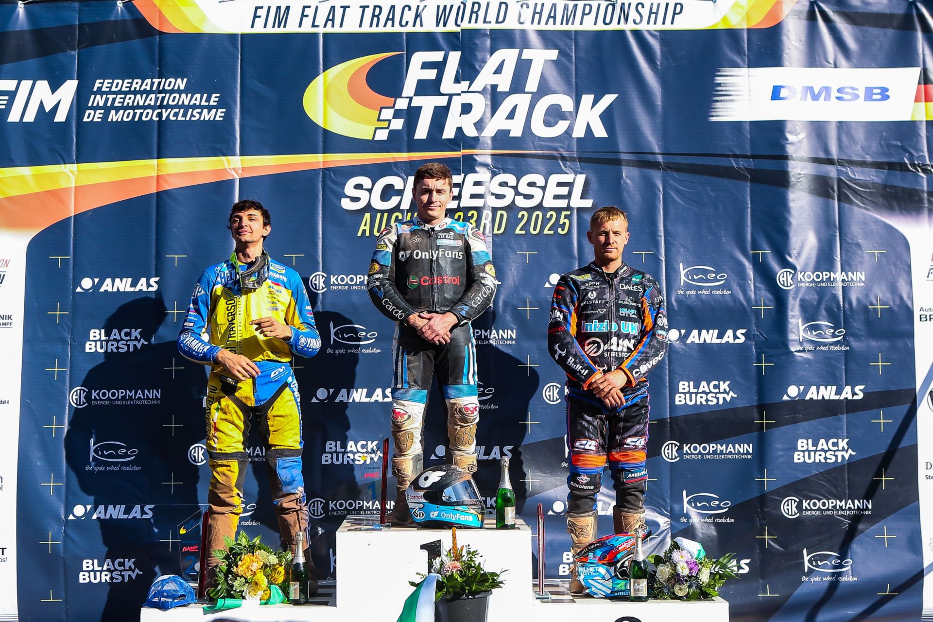 Podium at 2025 FIM Flat Track World Championship in Scheessel, Germany. Photo credit Jesper Veldhuizen