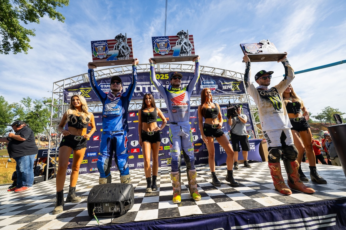 Podium picture with, from left to right, Hunter Lawrence, Jett Lawrence, and Justin Cooper. Photo Credit: MX Sports Pro Racing, Inc.