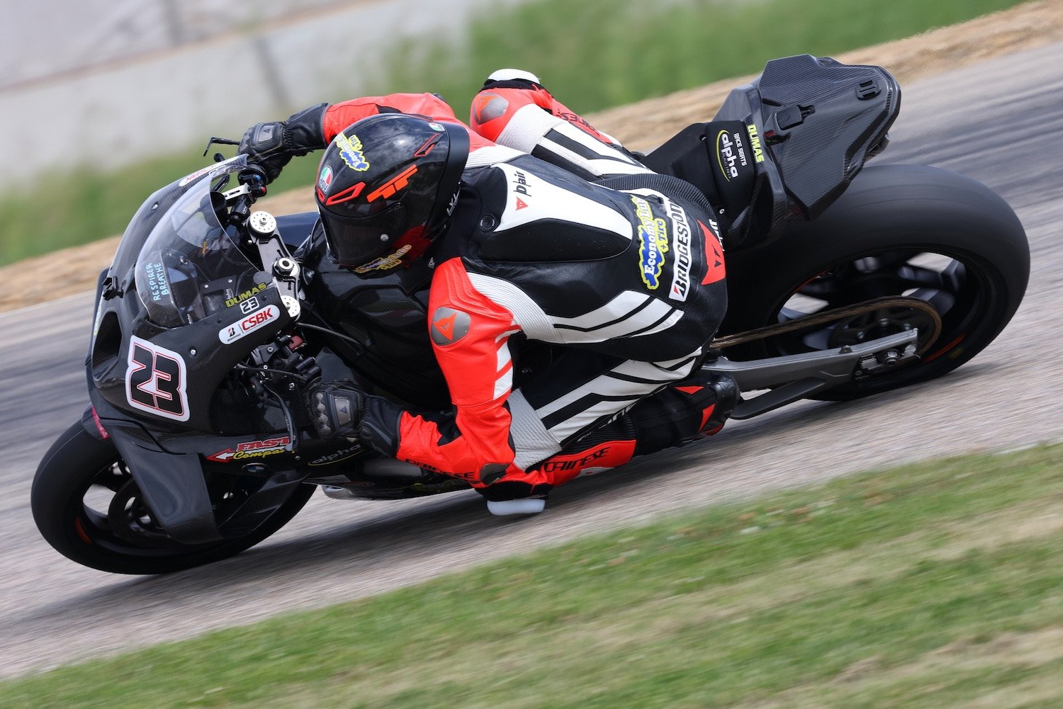 Alex Dumas (23) leads the CSBK championship by a mere five points with two races remaining in the 2025 season. Photo by Rob O'Brien / courtesy CSBK.