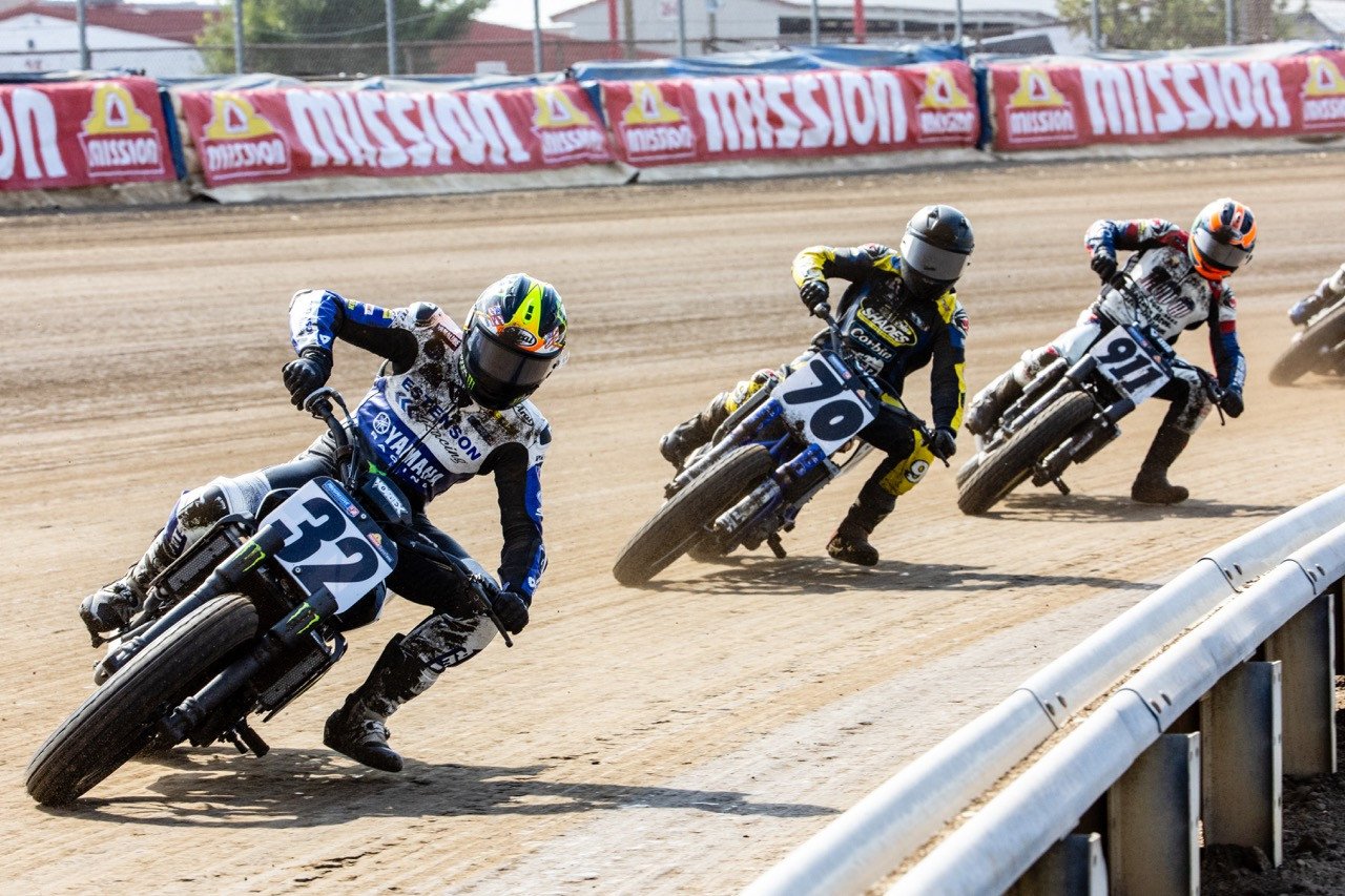 Dallas Daniels (32) leads Declan Bender (70) and Henry Wiles (911) Saturday. Photo by Tim Lester / courtesy American Flat Track.
