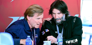 MotoAmerica Sells Global Live TV Distribution Rights V10 Entertainment, the producer of the docuseries featuring Keanu Reeves’ ARCH Racing team, has secured global distribution rights to MotoAmerica’s live racing. MotoAmerica President Wayne Rainey is pictured in discussion with Reeves. Photo courtesy MotoAmerica.