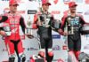 The top three riders in the 2025 CSBK championship heading into the final round of the season at Canadian Tire Motorsport Park: Alex Dumas (center), Ben Young (left), and Sam Guérin. Who will hoist the Canada Cup next weekend? Photo by Rob O'Brien / courtesy CSBK.