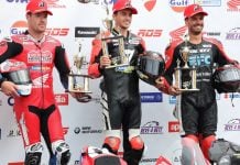 The top three riders in the 2025 CSBK championship heading into the final round of the season at Canadian Tire Motorsport Park: Alex Dumas (center), Ben Young (left), and Sam Guérin. Who will hoist the Canada Cup next weekend? Photo by Rob O'Brien / courtesy CSBK.
