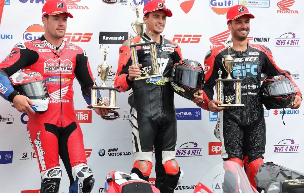 The top three riders in the 2025 CSBK championship heading into the final round of the season at Canadian Tire Motorsport Park: Alex Dumas (center), Ben Young (left), and Sam Guérin. Who will hoist the Canada Cup next weekend? Photo by Rob O'Brien / courtesy CSBK.