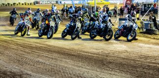 Mission AFT SuperTwins riders Briar Bauman (3), Dallas Daniels (32), Brandon Robinson (44) lead the rest of the pack during Round 10 in Sturgis Monday night. Photo by Tim Lester / courtesy American Flat Track.